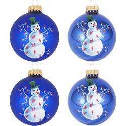 Krebs Kerstballen - 4x st - glazen - blauw - met sneeuwpop - 7 cm - Kerstbal