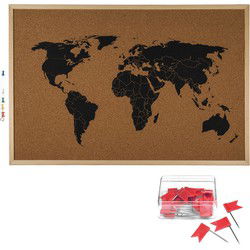 Prikbord wereldkaart met 20x punaise vlaggetjes - 60 x 40 cm - kurk - Prikborden