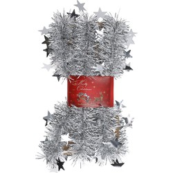 1x stuks lametta kerstslingers met sterretjes zilver 200 x 6,5 cm - Kerstslingers