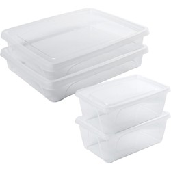 4x Voedsel plastic bewaarbakjes hoog/diep 0,5 en laag 1,5 liter transparant - Vershoudbakjes