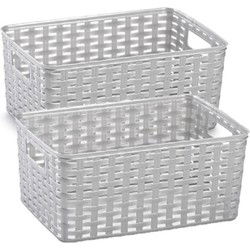 4x stuks rotan gevlochten opbergmand/opbergbox kunststof - Zilver - 19 x 29 x 13 cm - Opbergbox