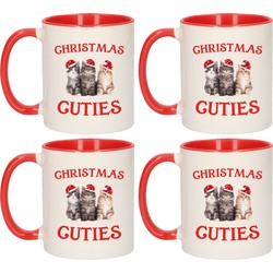 Set van 4x stuks kerstcadeau kerstmokken rood Christmas cuties met kittens / katten Kerstmis 300 ml - Bekers