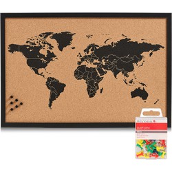 Prikbord wereldkaart met 40x punaises gekleurd - 60 x 40 cm - kurk - Prikborden
