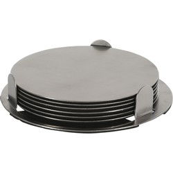 Onderzetters - 6x st - zilver - D8,5 cm - RVS - met houder - Glazenonderzetters