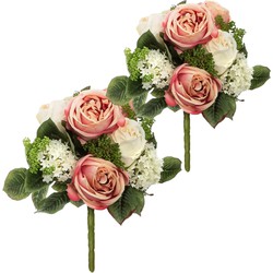 Atmosphera kunstbloemen 2x boeketten wit/roze rozen 35 cm - Kunstbloemen