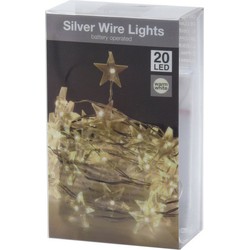 Draadverlichting sterren lampjes aan zilverdraad op batterij warm wit 20 lampjes 100 cm - Lichtsnoeren
