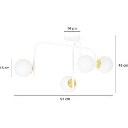 Espoo speciale witte en gouden plafondlamp met gebogen armen en 4x E14 in een witte bol