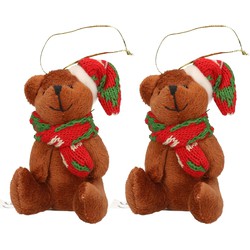 2x Kersthangers knuffelbeertjes bruin met gekleurde sjaal en muts 7 cm - Kersthangers