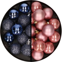 36x stuks kunststof kerstballen donkerblauw en oudroze 3 en 4 cm - Kerstbal