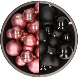 Kerstversiering kunststof kerstballen mix zwart/oud roze 6-8-10 cm pakket van 44x stuks - Kerstbal