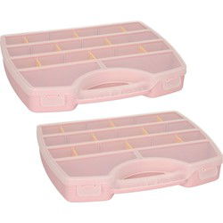 Plasticforte Opbergkoffertje/opbergdoos/sorteerbox - 2x - 13-vaks - kunststof - roze - 25 x 21 x 4 cm - Opbergbox