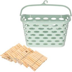 Wasknijpersmandje met haak - mintgroen - en 100x houten wasknijpers 7 cm - Knijpers
