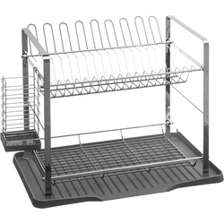 Luxe afdruiprek/afwasrek 2-laags met lekbak grijs 50 x 30,5 cm van kunststof - Afdruiprekken