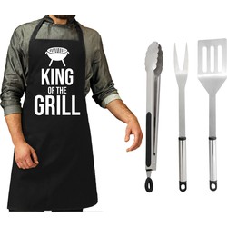 BBQ/barbecue gereedschap set 3-delig RVS met zwart schort King of the grill - Barbecuegereedschapset