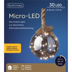 1x stuks verlichte glazen kerstballen aan touw met 30 lampjes zilver/warm wit 15 cm - kerstverlichting figuur