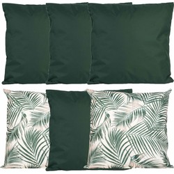 Bank/tuin kussens set - voor binnen/buiten - 6x stuks - groen/palm print - 45 x 45 cm - Sierkussens