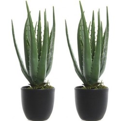 2x Groene aloe vera kunstplanten 35 cm met zwarte pot - Kunstplanten