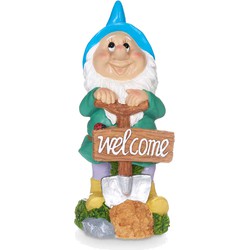 Giftdecor Tuinkabouter beeldje met Welcome bord - Polyresin - muts blauw - 27 cm - decoratie dwerg - Tuinbeelden