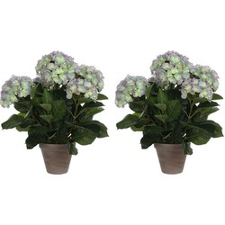 2x Groene Hortensia paarse bloemen kunstplanten 45 cm met pot - Kunstplanten