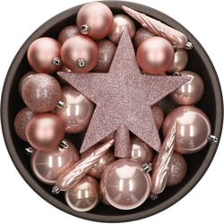 Bellatio decorations Kerstballen - 33x st - mix - lichtroze - met piek - Kerstbal