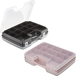 Forte Plastics - 2x Opberg vakjes doos/Sorteerbox - 21-vaks kunststof - 28 x 21 x 6 cm - zwart/roze - Opbergbox