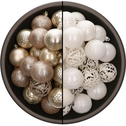 74x stuks kunststof kerstballen mix van champagne en wit 6 cm - Kerstbal