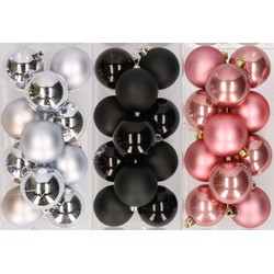 36x stuks kunststof kerstballen mix van zilver, zwart en oudroze 6 cm - Kerstbal