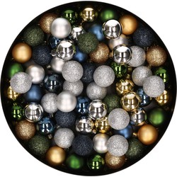 80x stuks kleine kunststof kerstballen mix groen/blauw/goud/zilver 3 cm - Kerstbal