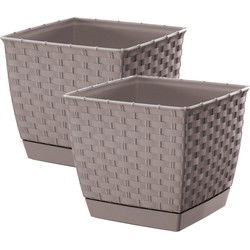 Prosperplast Plantenpot - 2x - rotan kunststof - 14.5 x 14.5 cm - taupe - Plantenpotten