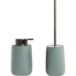 Toiletborstel in houder 41 cm met zeeppompje 14 cm mosgroen - Badkameraccessoireset