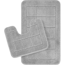 Badmat Set WC Mat - Badkamer, Douchemat, Toiletmat - Machinewasbar Antislip Hoogpolig Badkleed NOELLE - Grijs - 80x50 cm/50x40 cm 