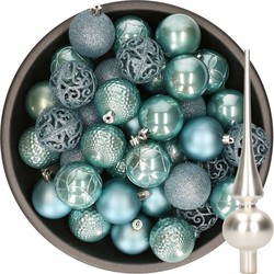 37x stuks kunststof kerstballen 6 cm ijsblauw incl. glazen piek mat zilver - Kerstbal
