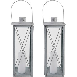 Set van 2x stuks zilveren tuin lantaarn/windlicht van zink 19,8 x 19,8 x 51,3 cm - Lantaarns