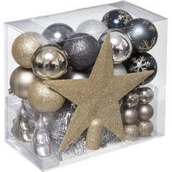 Set van 43x stuks kunststof kerstballen met ster piek champagne/blauw/grijs mix - Kerstbal