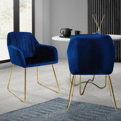 Eetkamerstoel set van 2 met rugleuning en armleuningen Blauwe keukenstoel met microvezel fluwelen bekleding & goudkleurige metalen poten ML design