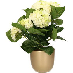 Hortensia kunstplant/kunstbloemen 36 cm - wit/groen - in pot goud glans - Kunstplanten