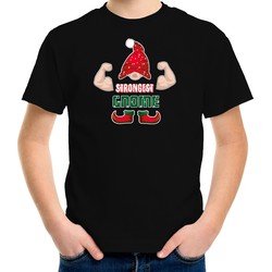 Bellatio Decorations kerst t-shirt voor jongens - Sterkste Gnoom - zwart - Kerst kabouter XS (104-110) - kerst t-shirts kind