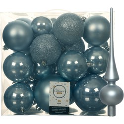 Set van 26x stuks kunststof kerstballen incl. glazen piek mat lichtblauw - Kerstbal