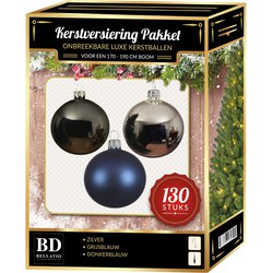 Zilveren/grijsblauwe/donkerblauwe kerstballen pakket 130-delig voor 180 cm boom - Kerstbal