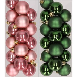 32x stuks kunststof kerstballen mix van oudroze en donkergroen 4 cm - Kerstbal