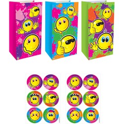 Decopatent® 12 STUKS Traktatie Uitdeel papieren zakjes - Inclusief Stickers - SMILEY - Vrolijke Gezichten - Tasjes - Traktatiezakjes voor uitdeelcadeautjes - Kinderfeestje - 13x8x25 Cm