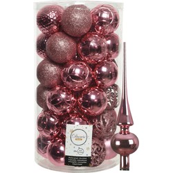 37x stuks kunststof kerstballen 6 cm incl. glanzende glazen piek lippenstift roze - Kerstbal
