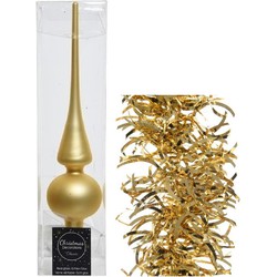 Kerstversiering glazen piek mat 26 cm en golf folieslingers pakket goud van 3x stuks - kerstboompieken