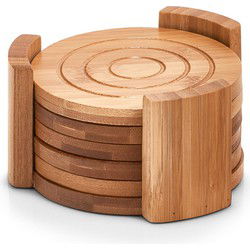 Zeller Onderzetters - 6x - in houder - bamboe hout - 10 cm - Glazenonderzetters
