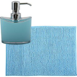 MSV badkamer droogloop mat/tapijtje - 50 x 80 cm - en zelfde kleur zeeppompje 260 ml - lichtblauw - Badmatjes