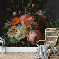 Zelfklevend Behang - Vintage Stilleven met Bloemen op donkere achtergrond - 255x326cm - House of Fetch - Maatwerk