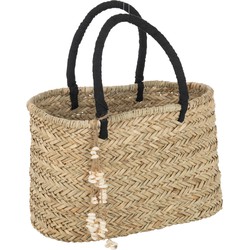 J-line - Strandtas Met Schelpen Zwart Handvatten Jute Naturel/zwart Large - 48x25x46cm