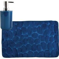 MSV badkamer droogloop mat/tapijt Kiezel - 50 x 80 cm - zelfde kleur zeeppompje - donkerblauw - Badmatjes