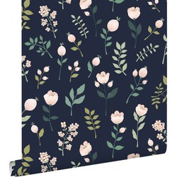 ESTAhome behang bloemen donkerblauw, roze en groen - 0,53 x 10,05 m - 139341