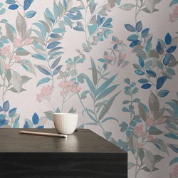 Livingwalls behang bloemmotief meerkleurig, wit, turquoise, grijs en roze - 53 cm x 10,05 m - AS-391712